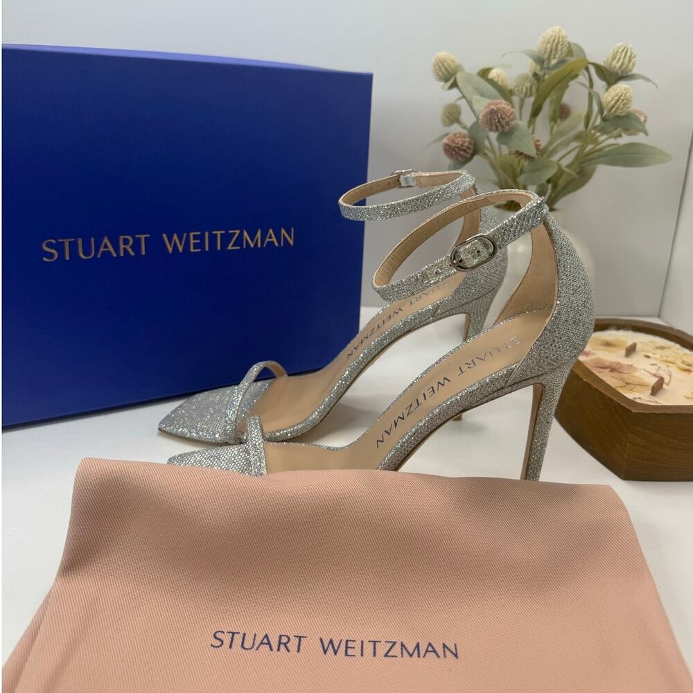 Stuart Weitzman Nudistcurve 100 Ankle Strap Sandal Silver Women 10 Tried OnB
